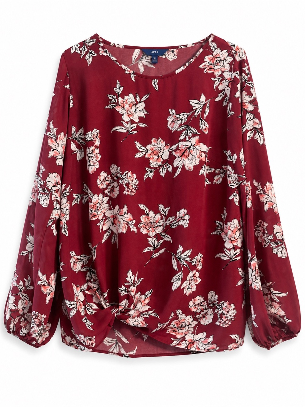 Apt. 9 Burgundy Floral Print Bell Sleeve Blouse XL